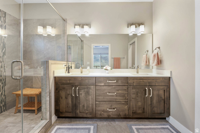 4527 North Seven Bridges Road Eden, UT 84310 - Photo 21 of 65 Full bath featuring double vanity, a shower stall, and light tile patterned flooring