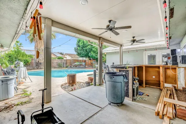 an outdoor view with patio