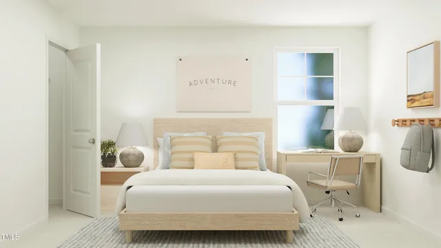 a bedroom with a bed and with furniture