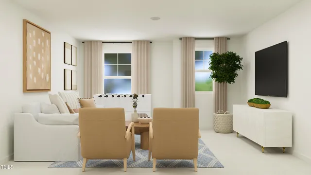 a living room with furniture and a potted plant