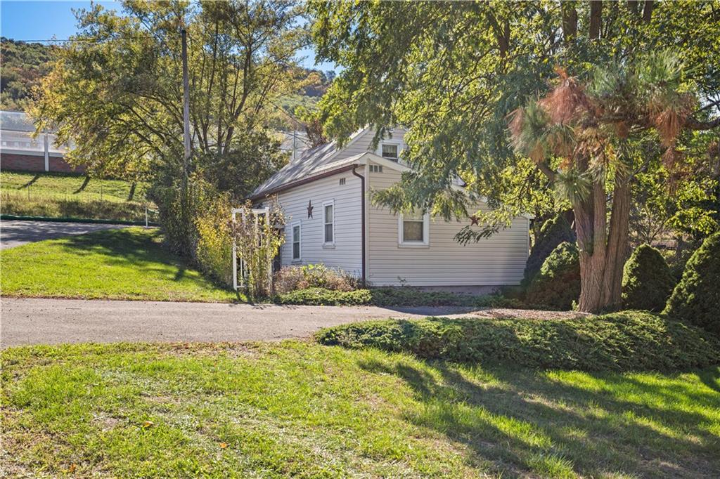 a backyard of a house with a garden and tree