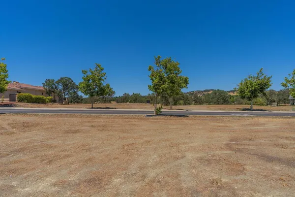 a view of a field with an trees in the background