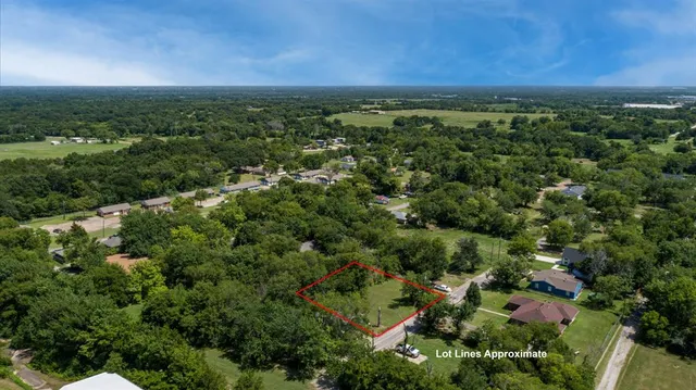 an aerial view of residential houses with outdoor space and trees