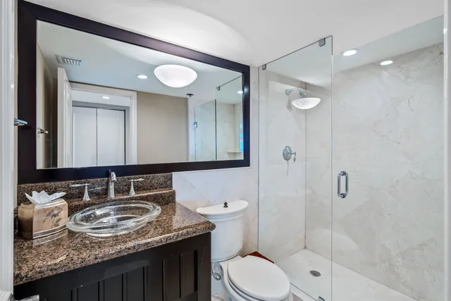 a bathroom with a granite countertop sink a toilet a mirror and shower