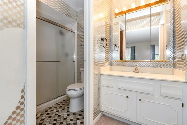 a bathroom with a sink a toilet a shower and a mirror