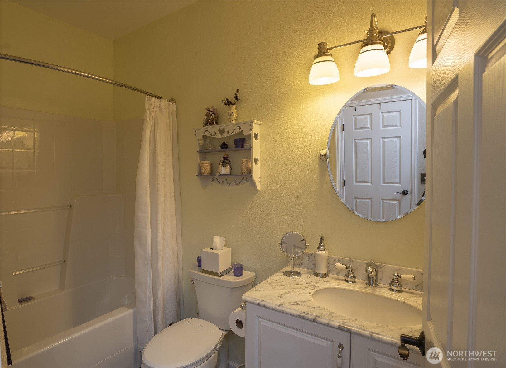 72 Doe Place Sequim, WA 98382 - Photo 18 of 40 a bathroom with a granite countertop sink toilet and shower