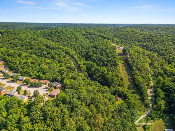 an aerial view of residential houses with outdoor space and trees