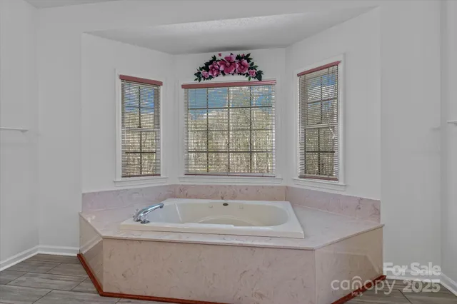 a bathroom with bathtub and window