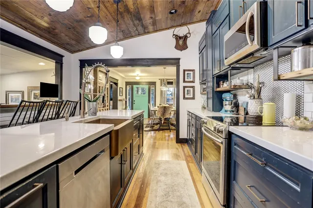 a kitchen with lots of counter top space