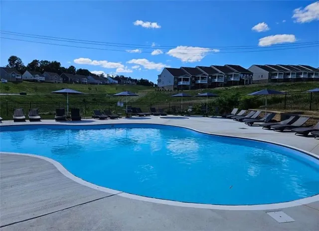 a view of a swimming pool with lawn chairs and plants