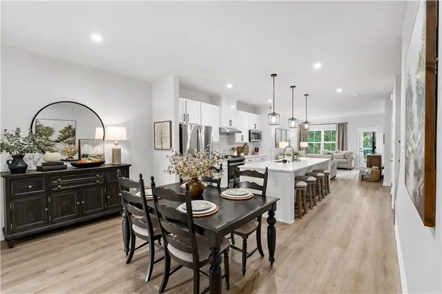 a view of a dining room with furniture