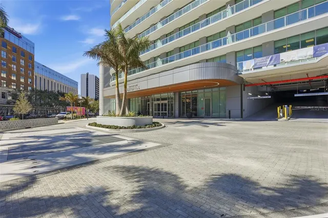 a view of a building with a street