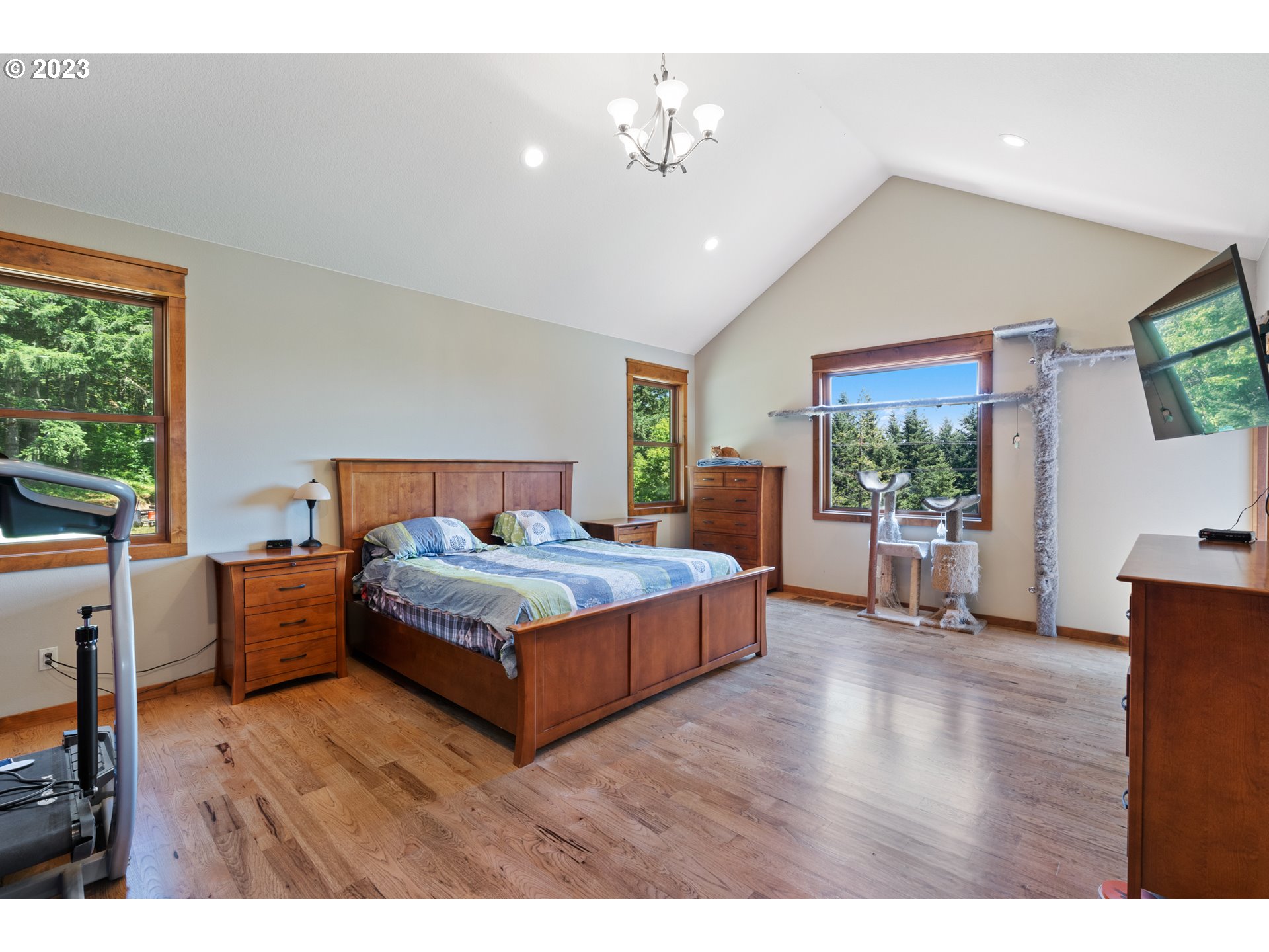 10534 Southeast Vradenburg Road Happy Valley, OR 97086 - Photo 11 of 39 a bedroom with a large bed and a chandelier