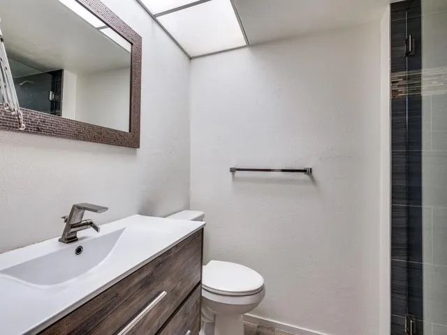 a bathroom with a sink toilet and mirror