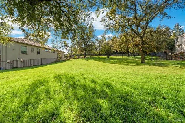 a view of a backyard with large trees