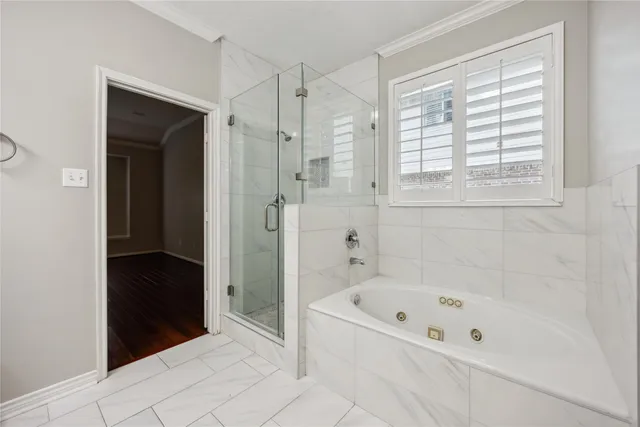 a bathroom with a bathtub and a shower