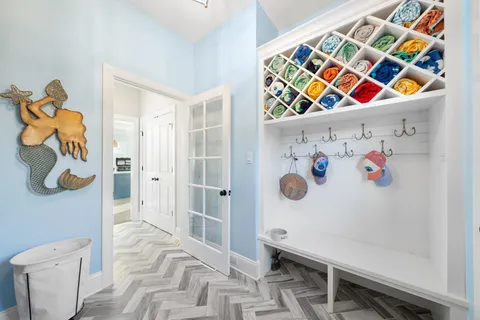 a bathroom with a sink and a curtain