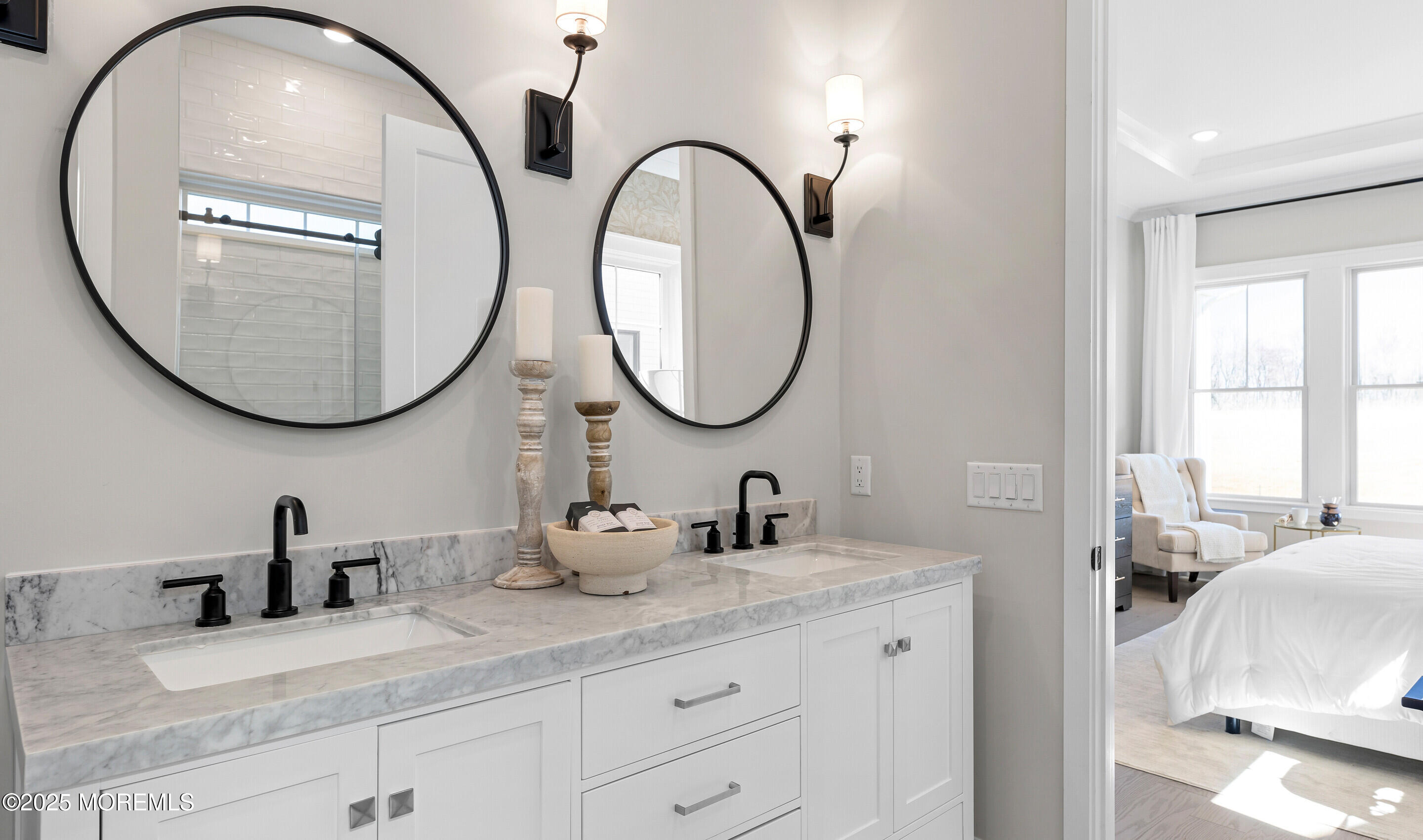 176 Highway 33, Unit DORCHESTER LOFT Manalapan, NJ 07726 - Photo 26 of 38 a bathroom with a granite countertop double vanity sinks and a mirror