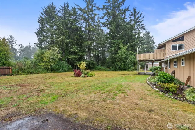 a view of a house with backyard and a tree