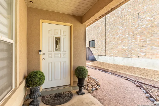 a living room with a couch and a potted plant