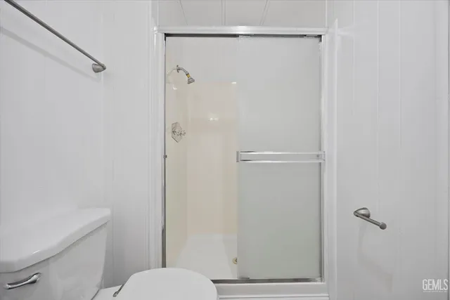 a bathroom with a shower and a toilet
