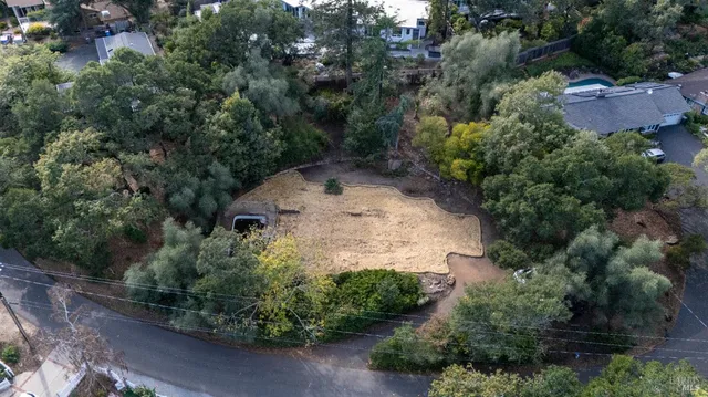 an aerial view of a house with a yard and greenery space