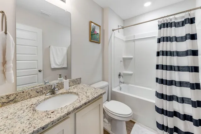 a bathroom with a granite countertop sink a toilet and shower