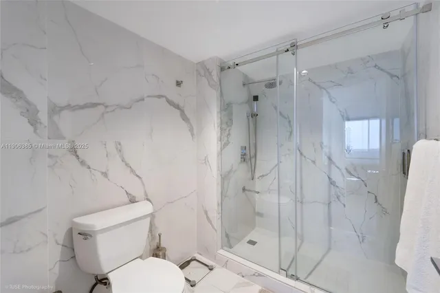 a bathroom with a shower and toilet