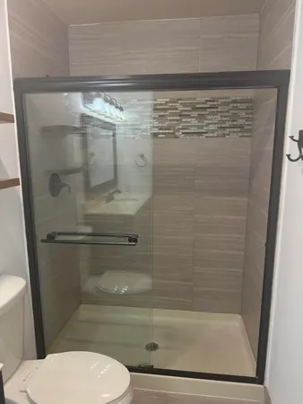 a bathroom with a shower and toilet