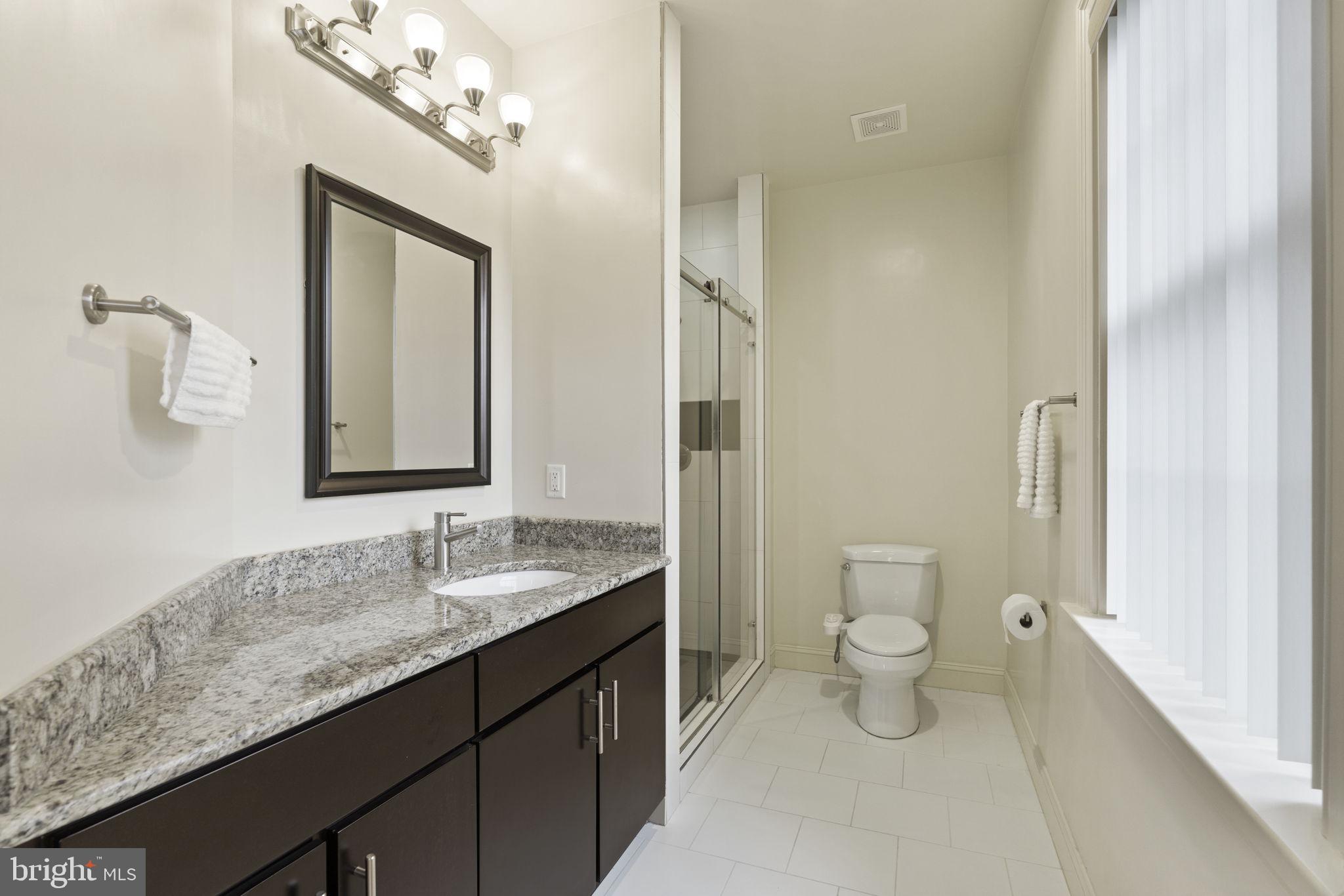 1204 Allendale Road McLean, VA 22101 - Photo 40 of 62 a bathroom with a granite countertop sink a toilet and a mirror