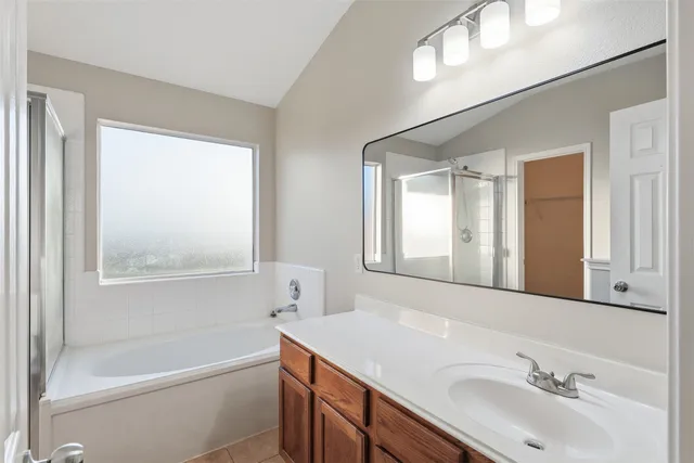 a bathroom with a sink tub vanity and a mirror