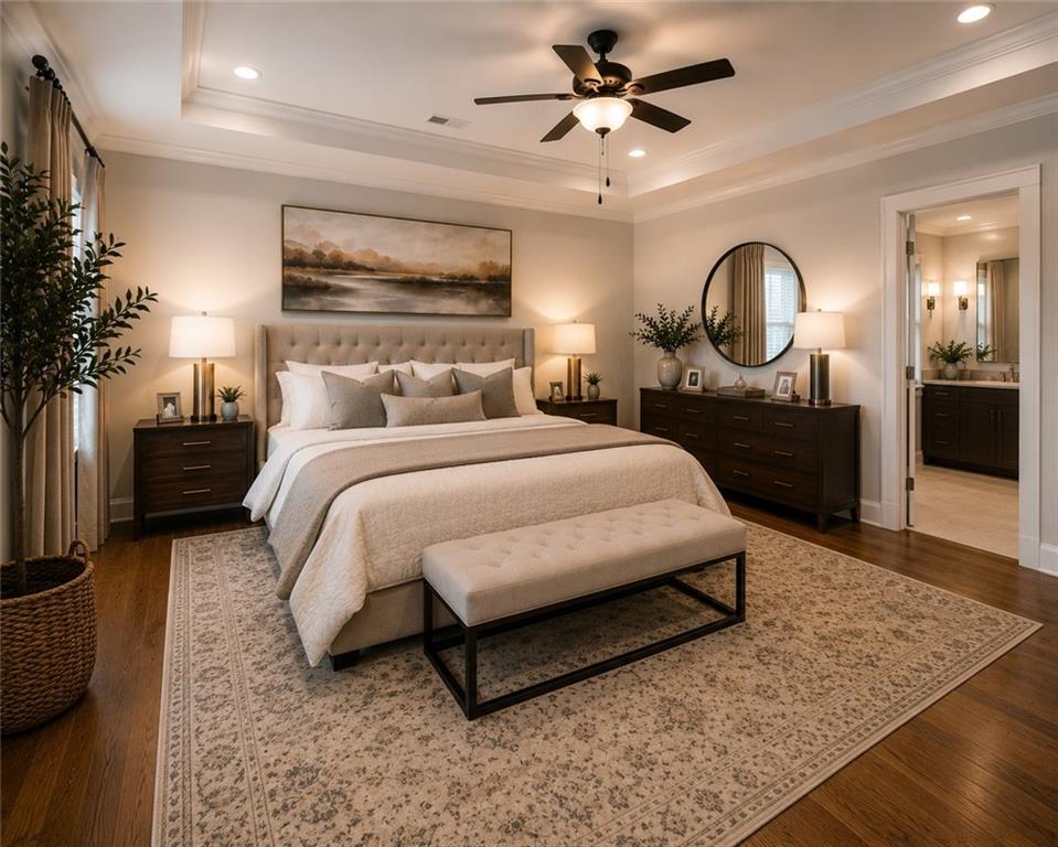 2290 Wilkins Cove Decatur, GA 30035 - Photo 10 of 21 a bedroom with a bed a chandelier with dresser and mirror
