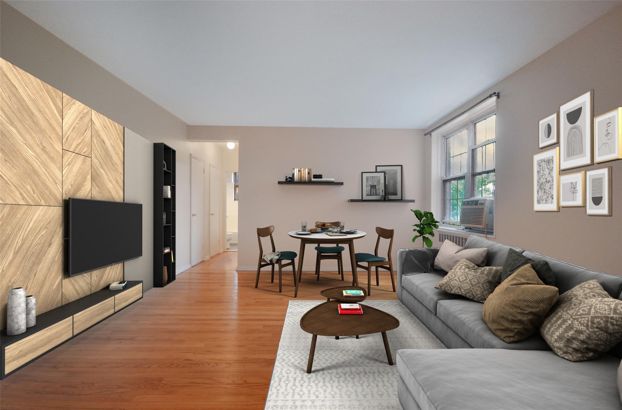 Living room featuring wood finished floors and cooling unit