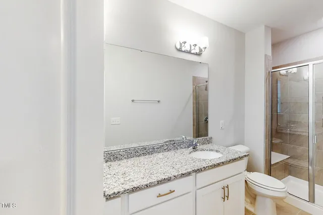 a bathroom with a granite countertop sink a toilet and a mirror