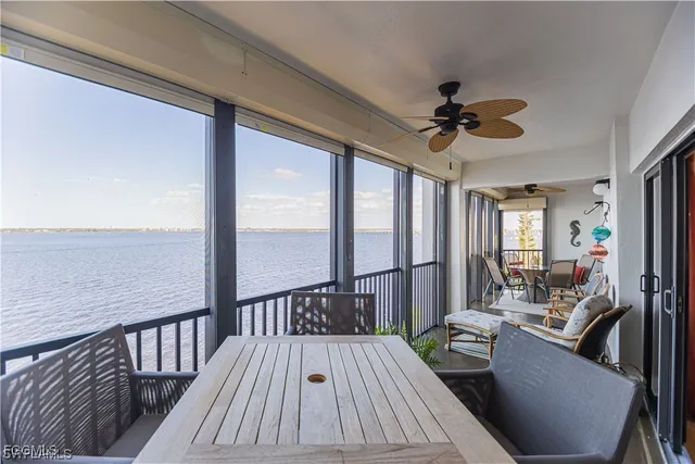 a view of a balcony with chair