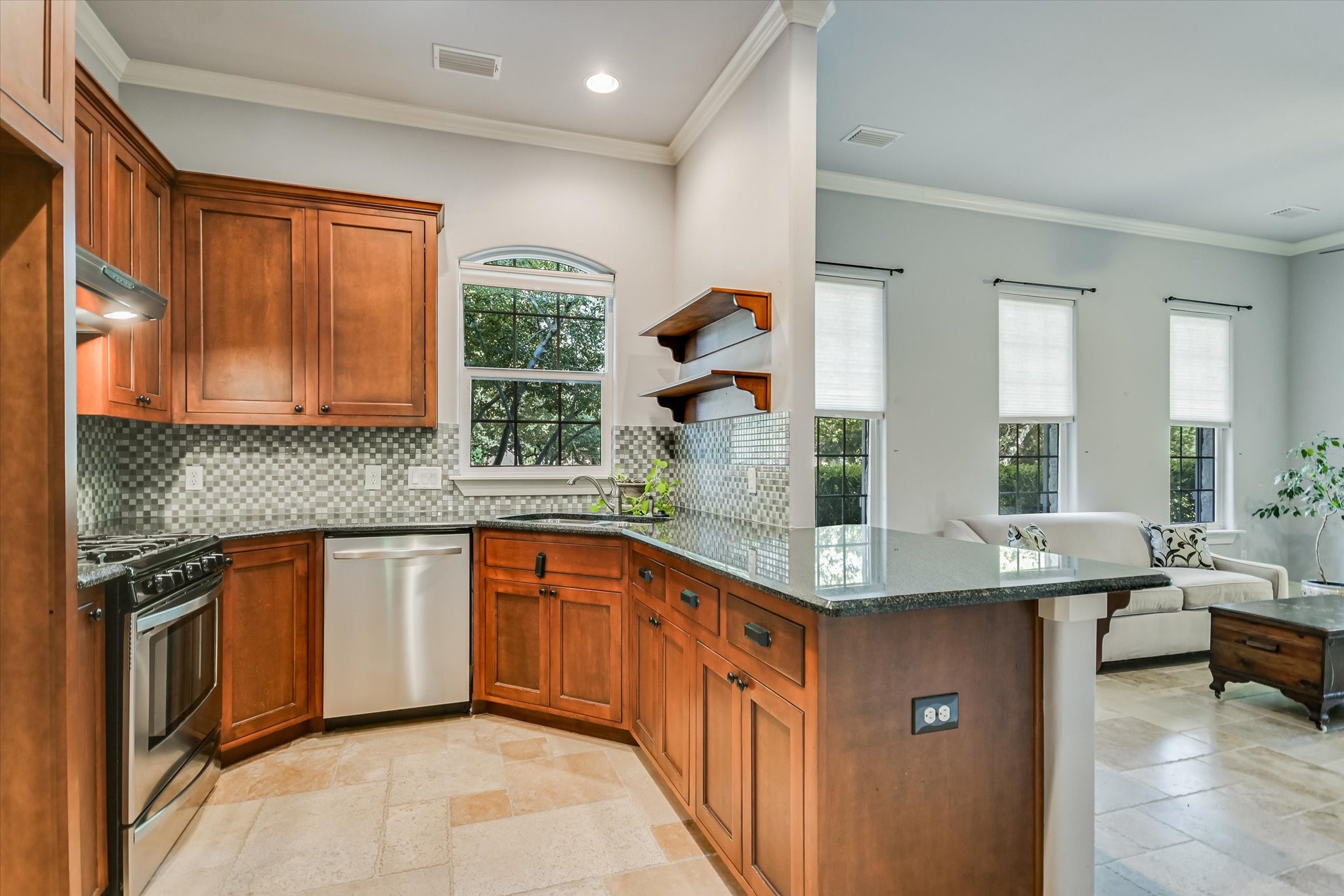 112 Gabriel Vista East Georgetown, TX 78633 - Photo 28 of 34 a kitchen with stainless steel appliances granite countertop a sink counter space cabinets and a large window