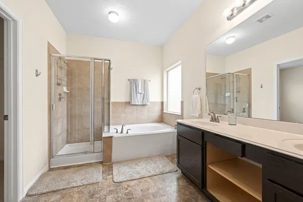 a bathroom with a tub a sink and a shower