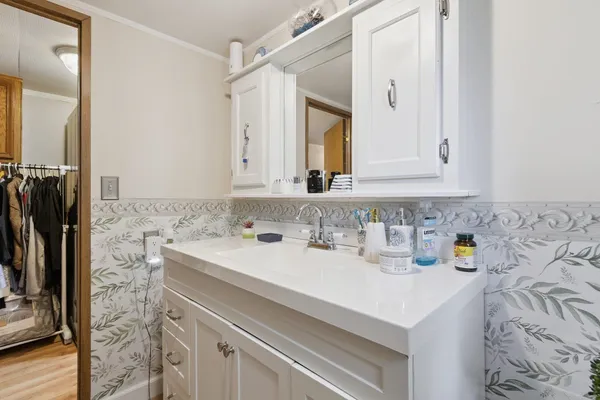 a bathroom with a sink a vanity and a mirror