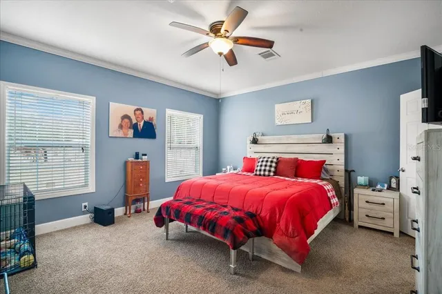 a bedroom with a bed and a chandelier