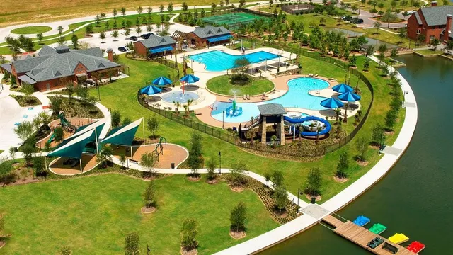 an aerial view of a swimming pool