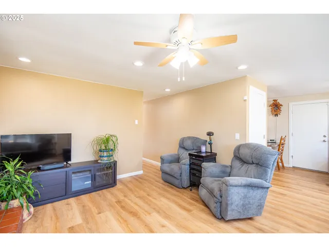 a living room with furniture and a potted plant