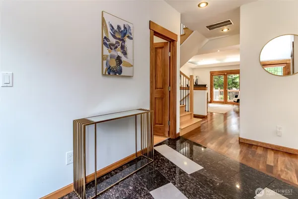 a living room with a rug