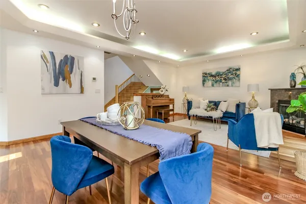 a view of a dining room with furniture