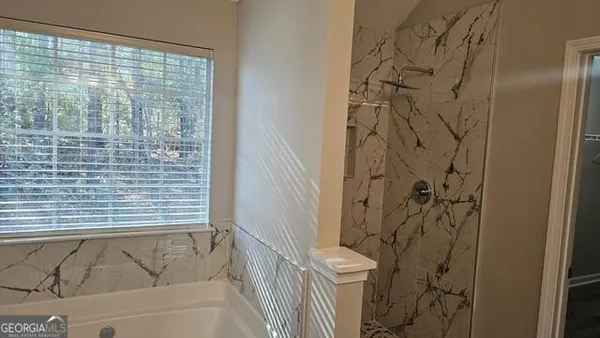 a bathroom with a bathtub and shower