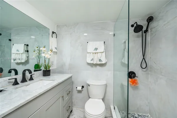 a bathroom with a granite countertop sink mirror vanity and toilet