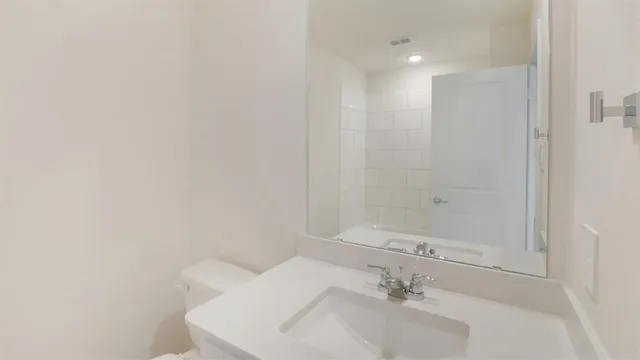 a bathroom with a sink a mirror and a bathtub