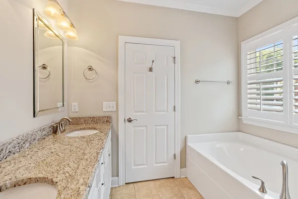 a bathroom with a tub a sink and a mirror