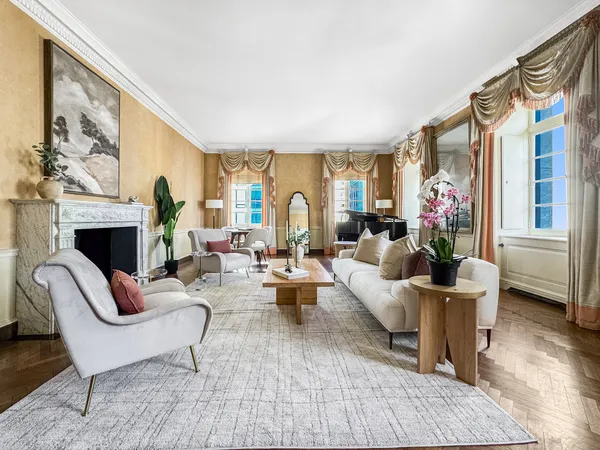 a living room with furniture potted plant and a fireplace