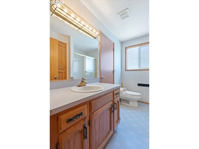 a bathroom with a sink a toilet a mirror and vanity