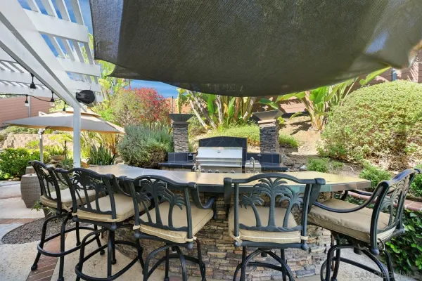 a view of a chairs and table in patio